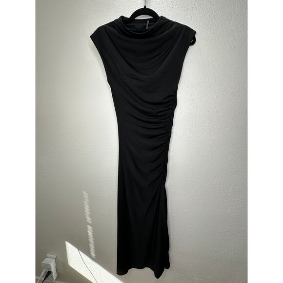 VICI Black Elisabeth Mock Neck Cap Sleeve Side Slit Ruched Midi Dress XS - Picture 5 of 15